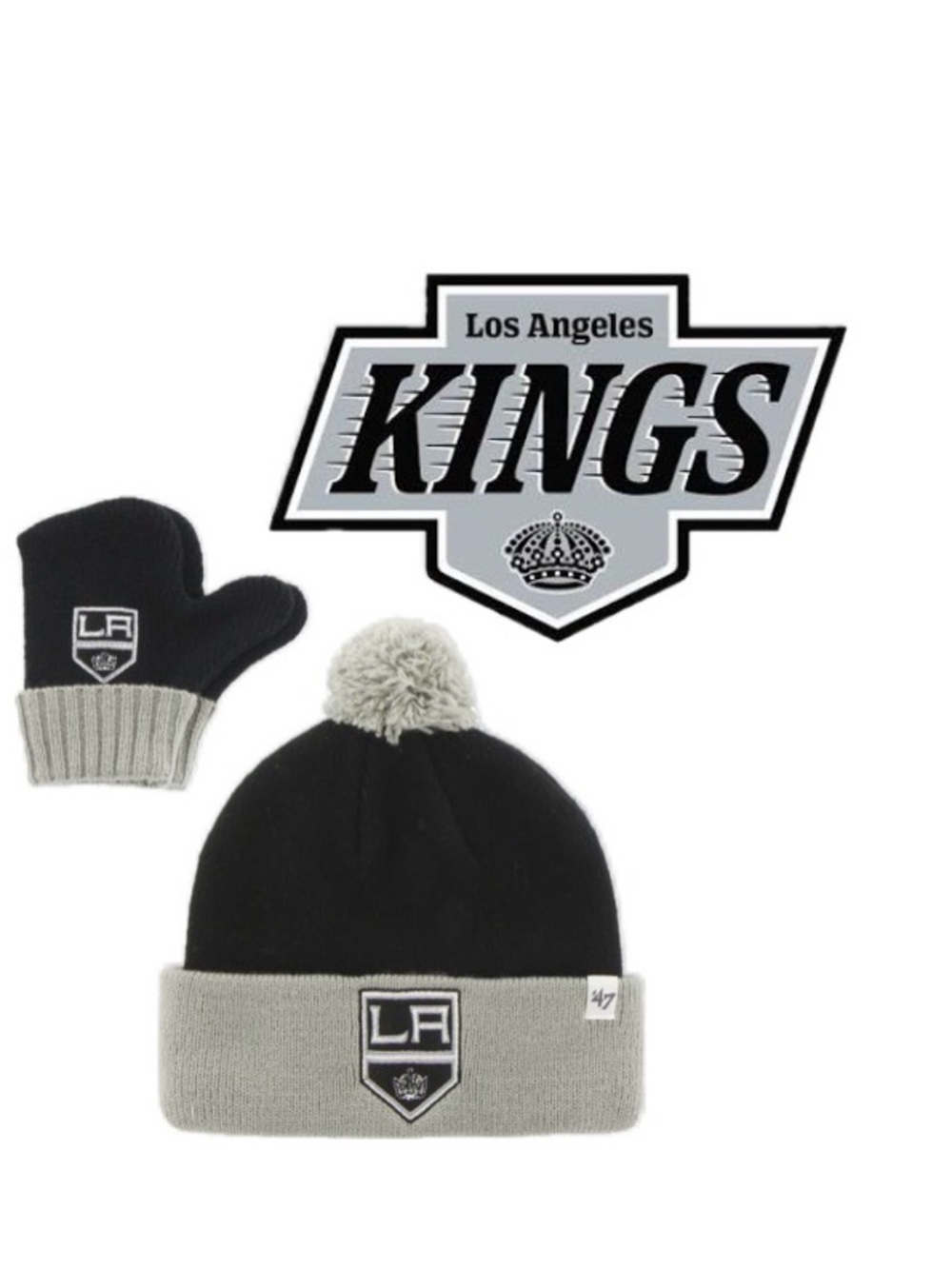 NWT [‘47] LA Kings 👑 NHL Team Knit Beanie Winter Hat & Mittens Set Black, Infant